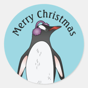 Süßer Gentoo-Pinguin mit Gehörschutz auf Blau Runder Aufkleber