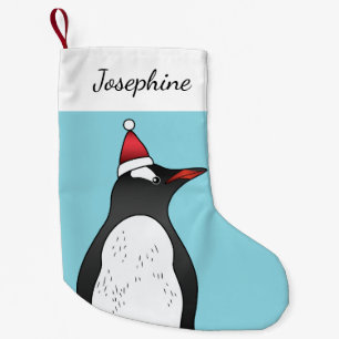 Süßer Gentoo-Pinguin mit Santa-Hut auf Blau Kleiner Weihnachtsstrumpf