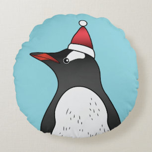 Süßer Gentoo-Pinguin mit Santa-Hut auf Blau Rundes Kissen