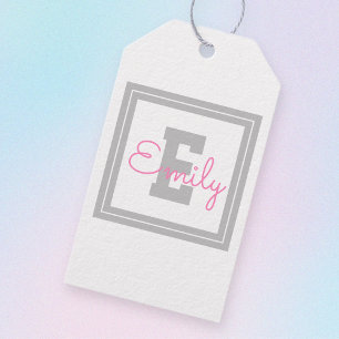 Süßer gerahmter Name & Monogramm Hellgrau & Rosa Geschenkanhänger