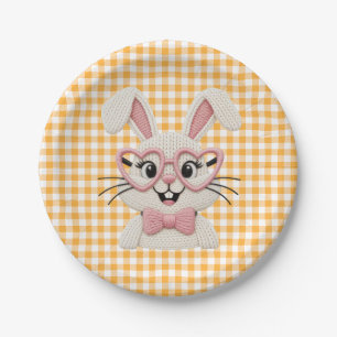 Süßer Gingham-Hase mit rosa Herzbrille Pappteller