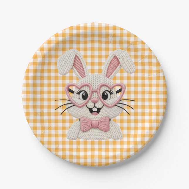 Süßer Gingham-Hase mit rosa Herzbrille Pappteller (Vorderseite)