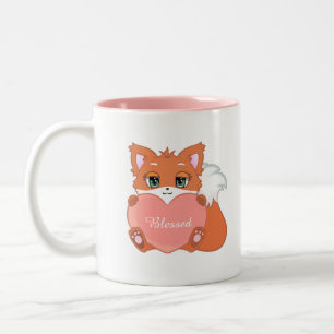 Süßer glücklicher Babyfuchs mit rosa Herz Zweifarbige Tasse