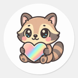 Süßer glücklicher Kawaii-Waschbär mit Regenbogenhe Runder Aufkleber