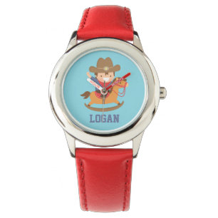 Süßer glücklicher kleiner Cowboy auf Schaukelpferd Armbanduhr