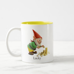 Süßer Gnom mit Goldmünzen, Kalligrafie & Monogramm Zweifarbige Tasse