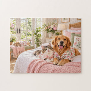Süßer Golden Retriever Hund, Katze & Häschen