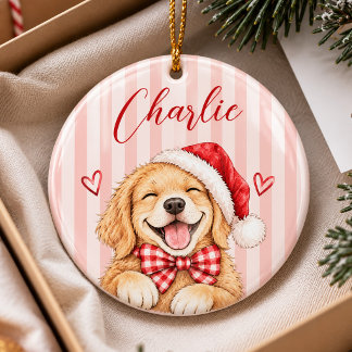 Süßer Golden Retriever roter Bogen Weihnachten Keramik Ornament