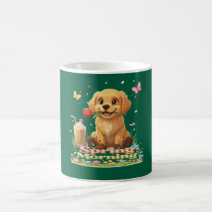 Süßer Golden Retriever Welpe Frühlingsmorgen Kaffeetasse