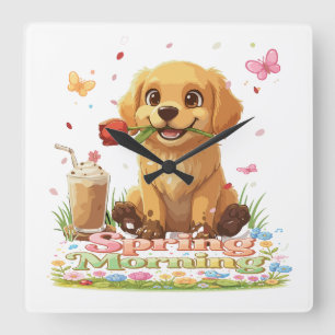 Süßer Golden Retriever Welpe Frühlingsmorgen Quadratische Wanduhr