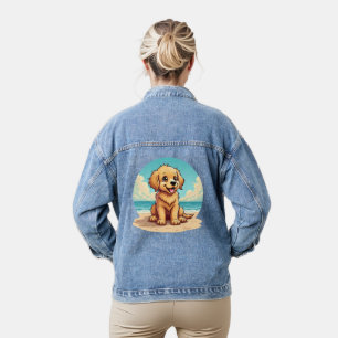 Süßer goldener Welpe an einem sonnigen Strand Szen Jeansjacke