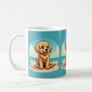 Süßer goldener Welpe an einem sonnigen Strand Szen Kaffeetasse