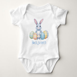 Süßer grauer Hase mit Ostereiern Name Weiß Baby Strampler