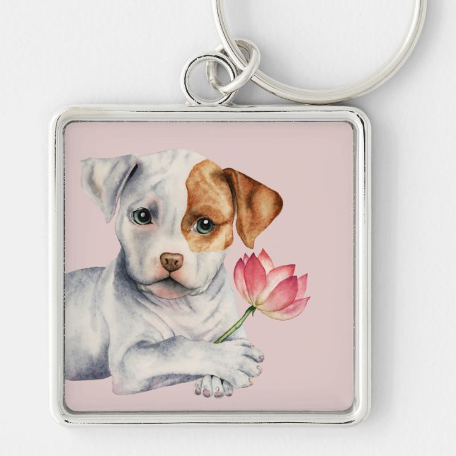 Süßer Gruben-Stier-Hund, der rosa Blumen-Malerei Schlüsselanhänger (Vorne)