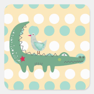 Süßer grüner Alligator mit Möwen-Polka-Dots Quadratischer Aufkleber