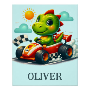 Süßer grüner Dinosaurier in einem Rennwagen Poster