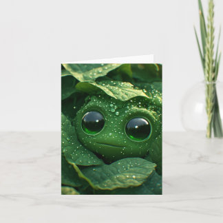 Süßer grüner Frosch versteckt in taufrischen Blätt Karte
