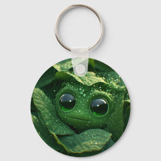 Süßer grüner Frosch versteckt in taufrischen Blätt Schlüsselanhänger