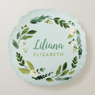 Süßer grüner Kranz Baby-Name Monogramm Rundes Kissen