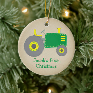 Süßer grüner Traktor Erstes Weihnachten Kraft Foto Keramik Ornament