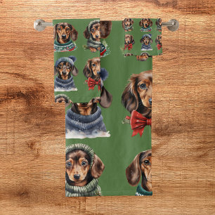 Süßer grüner Weihnachts-Dachshund Badhandtuch Set