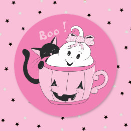 Süßer gruseliger Geist schwarze Katze rosa Hallowe Runder Aufkleber