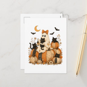 Süßer gruseliger Halloween-Geist mit schwarzen Kat Feiertagspostkarte