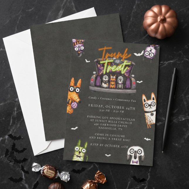 Süßer gruseliger Wasserfarben-Koffer-oder-Behandle Einladung (Cute Spooky Watercolor Trunk or Treat Halloween In Invitation)