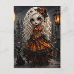 Süßer Halloween-Blonder und ihre schwarze Katze Postkarte
