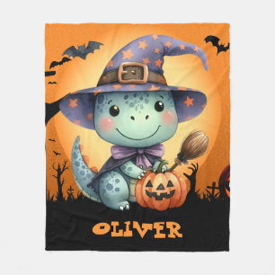 Süßer Halloween-Dinosaurier mit Hexenhut Fleecedecke