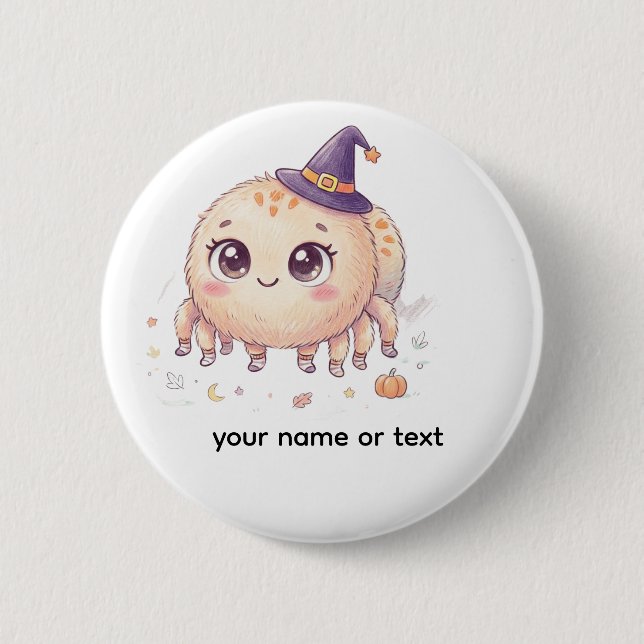 Süßer Halloween-Fluffspinne mit Hexenhut Farbe Button (Vorderseite)
