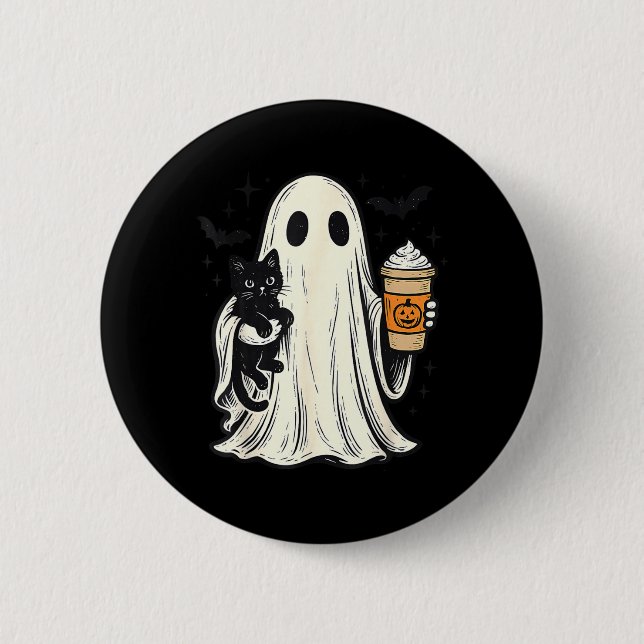 Süßer Halloween-Geist hält schwarze Katze Fall Kaf Button (Vorderseite)