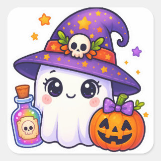Süßer Halloween-Geist-Hexen-Aufkleber – Kawaii Gei Quadratischer Aufkleber