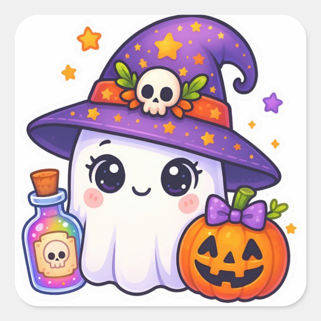 Süßer Halloween-Geist-Hexen-Aufkleber – Kawaii Gei Quadratischer Aufkleber (Vorderseite)