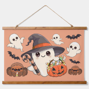 Süßer Halloween-Geist im Kawaii-Stil Wandteppich Mit Holzrahmen