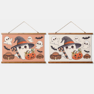 Süßer Halloween-Geist im Kawaii-Stil Wandteppich Mit Holzrahmen