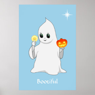 Süßer Halloween-Geist & Kürbis auf Hellblau Poster