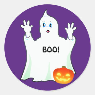Süßer Halloween-Geist & Kürbis auf Lila Runder Aufkleber