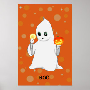 Süßer Halloween-Geist & Kürbis auf Orange Poster