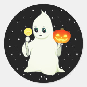 Süßer Halloween-Geist & Kürbis auf schwarzem Class Runder Aufkleber