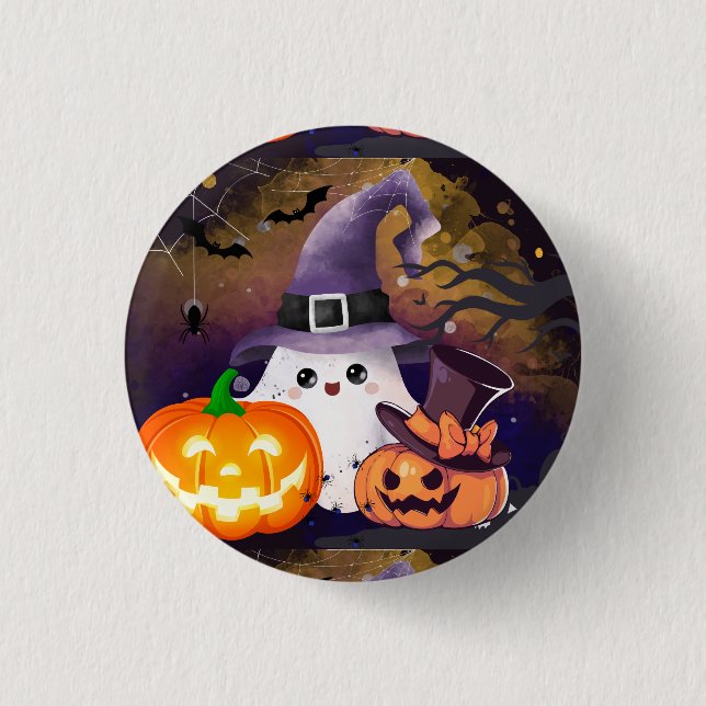 Süßer Halloween-Geist mit Hexenhut und Kürbissen Button (Vorderseite)