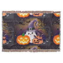 Süßer Halloween-Geist mit Hexenhut und Kürbissen