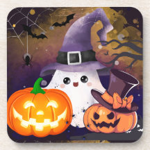 Süßer Halloween-Geist mit Hexenhut und Kürbissen