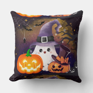 Süßer Halloween-Geist mit Hexenhut und Kürbissen Kissen