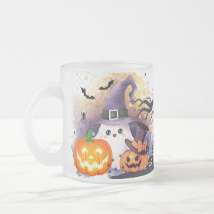 Süßer Halloween-Geist mit Hexenhut und Kürbissen Mattglastasse