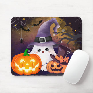 Süßer Halloween-Geist mit Hexenhut und Kürbissen Mousepad