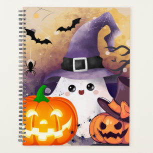 Süßer Halloween-Geist mit Hexenhut und Kürbissen Planer