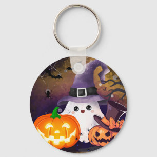Süßer Halloween-Geist mit Hexenhut und Kürbissen Schlüsselanhänger