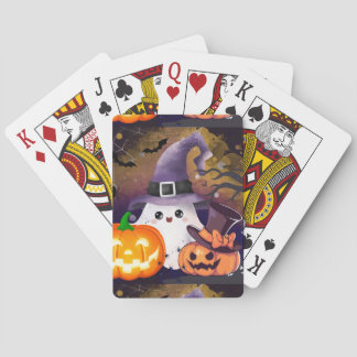 Süßer Halloween-Geist mit Hexenhut und Kürbissen Spielkarten