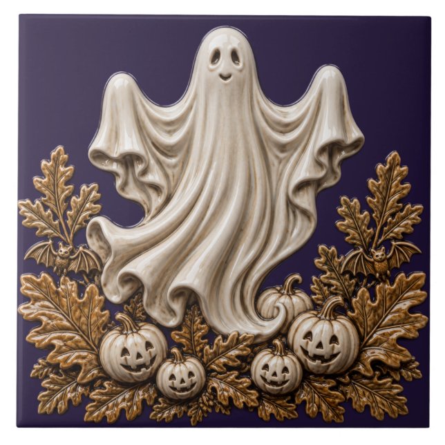 Süßer Halloween-Geist und Jack O Lanterns Fliese (Vorderseite)